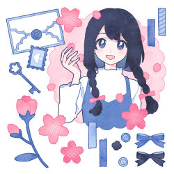  1girl :d between_fingers black_bow black_hair blush bow cherry_blossoms commentary envelope flower hair_bow halftone hand_up highres holding holding_petal key long_hair long_sleeves looking_at_viewer nahara_saki open_mouth original petals pink_bow pink_flower postage_stamp purple_bow purple_eyes purple_vest shirt simple_background smile solo symbol-only_commentary vest white_background white_shirt 