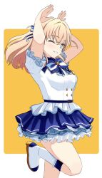  1girl 365_days_(love_live!) ;d ame_(amedayo_njgk) ankle_boots aqua_eyes arms_up blue_bow blue_bowtie blue_ribbon blue_skirt boots border bow bowtie breasts commentary cowboy_shot crossed_bangs frilled_shirt frilled_skirt frills grin hair_ribbon highres hinoshita_kaho large_breasts layered_skirt leg_up link!_like!_love_live! looking_at_viewer love_live! medium_hair miniskirt one_eye_closed open_mouth orange_background orange_hair outside_border rabbit_pose ribbon shirt short_sleeves skirt smile solo striped_bow striped_bowtie striped_clothes two_side_up virtual_youtuber white_border white_footwear white_shirt 