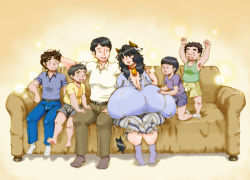  1girl 5boys animal_ears barefoot black_hair breasts bulge child copyright_request cow_ears cow_girl cow_tail family father_and_son gigantic_breasts happy mature_female mother_and_son multiple_boys no_shoes socks tail tatara  rating:Sensitive score:36 user:Kenjixhimura