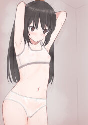  1girl armpits arms_behind_head arms_up black_eyes black_hair blush bow bow_panties bra breasts closed_mouth cowboy_shot crotch_seam frown glaring highres long_hair looking_to_the_side navel original panties see-through shooko small_breasts solo standing sweat training_bra underwear underwear_only wet wet_bra wet_clothes wet_panties white_bra white_panties 