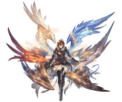  1boy ahoge armor belt bishounen blue_wings boots breastplate brown_hair brown_wings cape capelet downscaled electricity energy expressionless facing_viewer feathered_wings fingerless_gloves full_body gloves granblue_fantasy hair_between_eyes holding holding_sword holding_weapon hood hood_down light_frown minaba_hideo multiple_wings official_art red_eyes red_wings resized sandalphon_(granblue_fantasy) scabbard sheath sword tachi-e weapon white_capelet white_wings wings 