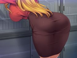 1girl anegawa_kiriko arms_up ass ass_focus beelzebub_(company) bent_over blonde_hair book bookshelf breasts conveni_shoujo_z female_focus from_behind game_cg head_out_of_frame indoors large_breasts legs legs_together long_hair long_skirt original red_shirt shirt skirt solo thighs rating:Sensitive score:56 user:Ynyswydryn