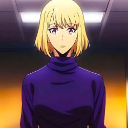  blonde_hair breasts cha_hae-in highres purple_eyes shirt solo_leveling tagme  rating:General score:8 user:Animearc_boy