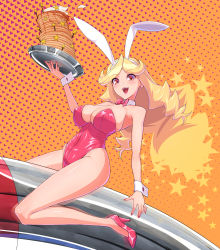  1girl animal_ears bare_legs blonde_hair bow bowtie breasts cleavage commentary_request detached_collar fake_animal_ears food full_body highres honey_(space_dandy) kemurin kneeling large_breasts leotard long_hair looking_at_viewer orange_background pancake pancake_stack pinup_(style) playboy_bunny polka_dot polka_dot_background rabbit_ears rabbit_tail red_bow red_bowtie red_eyes red_leotard riding rocket smile solo space_dandy strapless strapless_leotard tail wrist_cuffs 