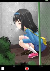 1girl bag black_hair blue_skirt blue_sweater blush breath bush chain-link_fence closed_eyes fence grass hairband hands_on_own_knees highres homare_(suzu_no_oka) kindergarten_uniform loli long_hair long_sleeves open_mouth panties panty_pull peeing pink_panties puddle recording red_footwear school_bag shirt shoes skirt socks squatting sweatdrop sweater underwear wall white_shirt white_socks rating:Questionable score:35 user:cpee