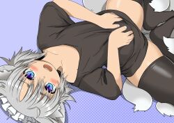  1girl aizawa_shin androgynous animal_ears black_shirt black_thighhighs blue_eyes fox_ears fox_girl fox_tail grey_hair hands_on_own_stomach highres knees_apart_feet_together looking_at_viewer lying maid_headdress multiple_tails no_pants on_back original oversized_clothes oversized_shirt shippo_ga_ooi-san shirt short_hair short_sleeves tail thighhighs thighs 