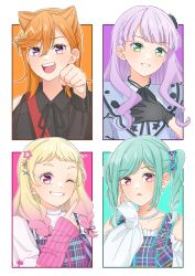  4girls absurdres arm_warmers ascot bead_necklace beads black_ascot black_dress black_ribbon blonde_hair blue_dress blunt_bangs clenched_hand collarbone collared_dress commentary_request cone_hair_bun distortion_(love_live!) dress gloves gradient_hair green_eyes green_hair hair_between_eyes hair_bun hair_ornament highres jellyfish_(love_live!) jewelry lace lace_gloves long_hair long_sleeves looking_at_viewer love_live! love_live!_superstar!! medium_hair multicolored_clothes multicolored_hair multiple_girls neck_ribbon necklace neutral_(love_live!) one_eye_closed onitsuka_natsumi onitsuka_tomari open_mouth orange_hair parted_lips pink_hair purple_eyes purple_hair red_eyes ribbon shibuya_kanon siblings sidelocks sisters smile star_(symbol) star_hair_ornament twintails wabe417 wavy_hair wien_margarete 