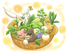  bright_pupils brown_eyes closed_eyes creatures_(company) daikon dated eating farfetch&#039;d food galarian_farfetch&#039;d game_freak gen_1_pokemon gen_2_pokemon gen_8_pokemon happy holding holding_food holding_vegetable in_bowl in_container jumpluff musical_note nintendo no_humans open_mouth plant pokemon pokemon_(creature) radish red_eyes shuri_(syurigame) signature sirfetch&#039;d skiploom spring_onion star_(symbol) sweatdrop vegetable white_pupils 