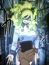  1girl alley angry arm_at_side artist_request belt belted_dress black_hairband black_thighhighs boku_no_hero_academia breasts brown_eyes burnin_(boku_no_hero_academia) buttons cellphone clenched_hand collarbone collared_dress dress emphasis_lines eye_mask eyebrows_visible_through_mask fangs female_focus fiery_hair fire fire_extinguisher flashlight garter_straps gradient_hair green_fire green_hair hair_between_eyes hair_ornament hairband hand_on_own_hip highres jacket japanese_text kamiji_moe large_breasts legs long_hair long_sleeves looking_at_viewer mask multicolored_hair neck open_mouth outdoors phone ponytail pov pov_hands short_dress side_slit sidelocks smartphone standing suit_jacket thighhighs thighs translation_request v-shaped_eyebrows wide_ponytail 