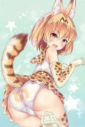10s 1girl animal_ears ass bare_shoulders bent_over blonde_hair blush breasts cameltoe cat_ears cat_tail commentary_request elbow_gloves fang from_behind gloves huge_ass japari_symbol kemono_friends looking_at_viewer looking_back open_mouth panties pantyshot print_legwear print_panties revision serval_(kemono_friends) serval_print serval_tail shimokirin shirt shoes short_hair skirt sleeveless small_breasts smile solo tail thighhighs trefoil underwear white_panties yellow_eyes rating:Questionable score:67 user:danbooru