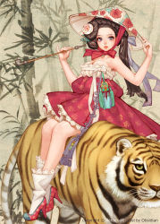 1girl animal artist_name bare_shoulders beoseon braid breasts brown_eyes brown_hair cleavage copyright_notice crown_braid dress floral_print french_braid gache hair_ornament hair_ribbon hair_stick hat high_heels holding holding_smoking_pipe jeonmo kiseru korean_clothes long_hair looking_at_viewer million_arthur_(series) mole mole_under_eye nayoung_wooh official_art pointy_footwear ribbon smoking_pipe strapless strapless_dress tiger