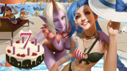 1boy 4girls ;) arm_tattoo bikini birthday_cake blonde_hair blue_hair braid breasts cake character_request cleavage colored_skin downblouse fiora_(league_of_legends) food grin group_picture highres horns jinx_(league_of_legends) large_breasts league_of_legends lee_sin lejia_chan lips looking_at_viewer medium_breasts multiple_girls nose one-piece_swimsuit one_eye_closed parted_bangs pink_eyes pool poolside purple_skin single_horn small_breasts smile soraka_(league_of_legends) swimsuit tattoo thigh_gap twin_braids wallpaper yellow_eyes rating:Sensitive score:12 user:danbooru