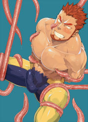  1boy bara blush bulge clenched_teeth crotch erection male_focus muscular naop original pectorals penis restrained sweat teeth tentacles torn_clothes undressing 