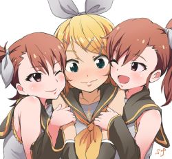  3girls ;d blonde_hair blue_eyes blush brown_hair cosplay detached_sleeves futami_ami futami_mami girl_sandwich group_hug holding_another&#039;s_arm hug idolmaster idolmaster_(classic) kagamine_rin kagamine_rin_(cosplay) long_hair multiple_girls one_eye_closed open_mouth ribbon sandwiched shift_(waage) shimoda_asami short_hair siblings side_ponytail sisters smile twins vocaloid voice_actor_connection wavy_mouth 