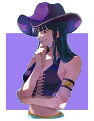  1girl armlet black_hair blue_eyes blunt_bangs commentary crop_top cross-laced_clothes cross-laced_top hand_on_own_face hat medium_hair n_o1n2 nico_robin one_piece profile purple_background purple_hat purple_shirt shirt sidelocks smile solo symbol-only_commentary upper_body 