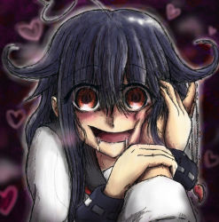 10s 1girl ahoge black_hair blush brown_eyes creepy drooling eyebrows hair_between_eyes hand_on_another&#039;s_face horror_(theme) jewelry kantai_collection long_hair magatama necklace ooguchiboya open_mouth saliva solo_focus taigei_(kancolle) trembling yandere rating:Sensitive score:20 user:danbooru