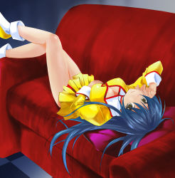  1990s_(style) 1girl agent_aika aika_(series) blue_hair breasts brown_eyes checkered_floor cleavage cleavage_cutout closed_mouth clothing_cutout couch delmo eyebrows female_focus golden_delmo indoors legs long_hair long_sleeves looking_at_viewer lying medium_breasts no_bra on_back pillow rashomon retro_artstyle rie_petoriyacowa socks solo thighs upside-down very_long_hair white_socks 