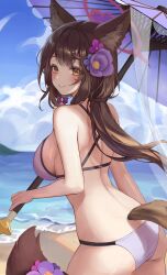 1girl 1yu_x absurdres animal_ears ass back bare_back bare_shoulders beach bikini blue_archive breasts brown_hair closed_mouth cowboy_shot day flower fox_ears fox_girl fox_tail from_behind hair_flower hair_ornament halo highres large_breasts long_hair looking_at_viewer looking_back median_furrow official_alternate_costume oil-paper_umbrella outdoors smile solo standing string_bikini swimsuit tail umbrella wakamo_(blue_archive) white_bikini yellow_eyes  rating:Sensitive score:5 user:danbooru