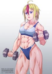  1girl abs ahoge biceps blonde_hair breasts dumbbell ebr-kii large_breasts multicolored_hair muscular muscular_female pink_hair purple_eyes sports_bikini sports_bra sportswear sweat thick_thighs thighs  rating:Explicit score:15 user:byoma1994