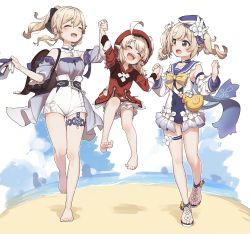 3girls :d ^_^ absurdres ahoge alternate_costume barbara_(genshin_impact) barbara_(summertime_sparkle)_(genshin_impact) bare_shoulders beach beret black_bow blonde_hair bloomers blue_footwear blue_headwear blue_one-piece_swimsuit blue_sailor_collar blue_sleeves blush bow breasts casual_one-piece_swimsuit closed_eyes commentary_request covered_navel detached_sleeves dress flower genshin_impact hair_bow hat high-waist_shorts highres holding_hands jean_(genshin_impact) jean_(sea_breeze_dandelion)_(genshin_impact) klee_(genshin_impact) long_sleeves medium_breasts multiple_girls official_alternate_costume one-piece_swimsuit open_mouth ponytail puffy_short_sleeves puffy_sleeves red_dress sailor_collar sailor_dress sand sandals shoes unworn_shoes short_shorts short_sleeves shorts smile swimsuit twintails underwear walking water white_background white_bloomers white_dress white_flower white_shorts white_sleeves yukie_(kusaka_shi) rating:Sensitive score:50 user:danbooru