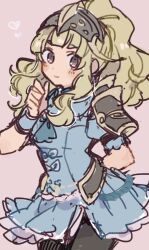  1girl arm_behind_back armor black_pantyhose blonde_hair blue_dress brown_eyes clair_(fire_emblem) closed_mouth cowboy_shot dress fire_emblem fire_emblem_echoes:_shadows_of_valentia hair_ornament heart high_ponytail long_hair looking_at_viewer mbkmmm nintendo pantyhose pink_background ponytail short_sleeves shoulder_armor smile solo 
