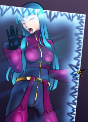 1girl against_glass blue_hair bodysuit breast_press breasts breasts_on_glass chaps cheek_squash cropped_jacket deliciousorange gloves hime_cut ice kula_diamond licking long_hair naughty_face red_eyes snk solo the_king_of_fighters tongue rating:Sensitive score:15 user:danbooru