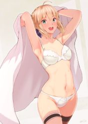  1girl ahoge armpits arms_up artoria_pendragon_(all) artoria_pendragon_(fate) blonde_hair bra braid braided_bun breasts collarbone cowboy_shot fate/stay_night fate_(series) french_braid green_eyes hair_bun highres looking_at_viewer medium_breasts nanahime navel panties saber_(fate) signature simple_background single_thighhigh smile solo stomach teeth thigh_strap thighhighs towel underwear underwear_only water water_drop wet white_bra white_panties white_towel  rating:Sensitive score:70 user:danbooru