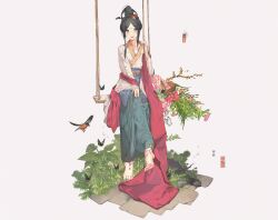  1girl absurdres anata_no_utahime_(lzr13708949567) barefoot bird black_hair bug butterfly chinese_clothes chinese_text flower full_body hair_flower hair_ornament hair_stick hanfu highres insect jewelry jiaoling_ruqun long_hair long_sleeves looking_at_viewer nail_polish pink_flower plant simple_background sitting smile solo swing toenail_polish toenails white_background 