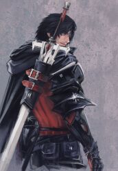  1boy black_cape black_hair cape clive_rosfield closed_mouth cowboy_shot facial_hair final_fantasy final_fantasy_xvi gauntlets grey_background highres hood hooded_cape looking_at_viewer looking_back male_focus red_vest solo stubble sword vest weapon weapon_on_back wibble_w  rating:General score:1 user:danbooru