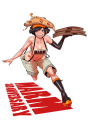  1girl absurdres anniversary black_eyes black_hair borrowed_character breasts cleavage delivery elbow_gloves food food_on_head gloves grin highres inline_skates john_doe large_breasts md5_mismatch navel no_bra no_panties no_shirt object_on_head original oversized_clothes pizza pizza_box resized resolution_mismatch revealing_clothes roller_skates roni_rollerblader short_hair shorts sign simple_background single_elbow_glove single_glove skates smile solo source_smaller stomach suspenders upscaled wide_hips 