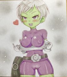  1girl belt blush bodysuit breasts cameltoe cheelai colored_skin covered_navel dragon_ball dragon_ball_super covered_erect_nipples gluteal_fold green_skin heart highres large_breasts motion_blur o_sushi open_mouth purple_eyes short_hair silver_hair smile solo thighhighs traditional_media tsurime zettai_ryouiki 