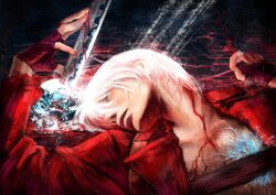  1boy blood coat dante_(devil_may_cry) devil_may_cry devil_may_cry_(series) devil_may_cry_3 fingerless_gloves gloves highres holding lips male_focus nose photorealistic realistic rebellion_(sword) red_coat solo still_life sword uncle_and_nephew weapon white_hair 