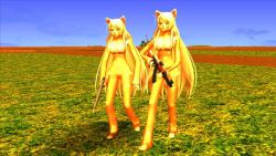  2girls 3d black_hanekawa gun hanekawa_tsubasa multiple_girls weapon white_hair  rating:Questionable score:1 user:hentaiY