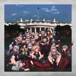  1boy 404_(girls&#039;_frontline) 6+girls agent_(girls&#039;_frontline) ahoge album_cover american_flag animal_costume animal_ears anti-rain_(girls&#039;_frontline) architect_(girls&#039;_frontline) berezovich_kryuger_(girls&#039;_frontline) blue_sky breasts card cat_ears character_request cleavage closed_eyes closed_mouth cover desert_eagle_(girls&#039;_frontline) destroyer_(girls&#039;_frontline) drunk eyewear_around_neck eyewear_on_head g11_(girls&#039;_frontline) gentiane_(girls&#039;_frontline) girls&#039;_frontline glock_17_(girls&#039;_frontline) griffin_&amp;_kryuger griffin_&amp;_kryuger_military_uniform grifon&amp;kryuger grizzly_mkv_(girls&#039;_frontline) headphones helianthus_(girls&#039;_frontline) highres hk416_(girls&#039;_frontline) jack_daniel&#039;s kalina_(girls&#039;_frontline) kendrick_lamar m16a1_(girls&#039;_frontline) m200_(girls&#039;_frontline) m4_sopmod_ii_(girls&#039;_frontline) m4_sopmod_ii_jr m4a1_(girls&#039;_frontline) mac-10_(girls&#039;_frontline) medium_breasts micro_uzi_(girls&#039;_frontline) military military_uniform multiple_girls necktie o_o ouroboros_(girls&#039;_frontline) parody persica_(girls&#039;_frontline) persocon93 real_life ro635_(girls&#039;_frontline) sangvis_ferri scar scar_across_eye scar_on_face shark_costume shorts sky sleeping small_breasts st_ar-15_(girls&#039;_frontline) sunglasses super_sass_(girls&#039;_frontline) tank_top tec-9_(girls&#039;_frontline) thighhighs to_pimp_a_butterfly twintails ump45_(girls&#039;_frontline) ump9_(girls&#039;_frontline) uniform white_house 