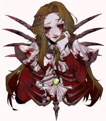  1girl ascot black_sclera blood blood_on_clothes blood_on_face bloody_tears brown_hair colored_sclera e.g.o_(project_moon) hand_up highres jacket limbus_company long_hair looking_at_viewer minihayagi open_mouth parted_bangs project_moon red_eyes red_jacket rodion_(project_moon) simple_background smile solo white_ascot white_background 