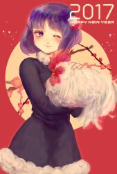  1girl 2017 akino_rinko animal bird bishoujo_senshi_sailor_moon black_dress chicken chinese_zodiac commentary dress flower fur-trimmed_dress fur_trim hair_ornament happy_new_year holding holding_animal new_year one_eye_closed purple_eyes purple_hair rooster short_dress smile solo tomoe_hotaru year_of_the_rooster 