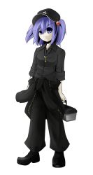 1girl alternate_costume blue_eyes blue_hair female_focus full_body ghost_in_the_shell ghost_in_the_shell_stand_alone_complex hair_bobbles hair_ornament hat highres kawashiro_nitori key matching_hair/eyes parody ryu_(multitask) ryuu_(multitask) short_hair solo standing touhou transparent_background twintails two_side_up rating:Sensitive score:3 user:danbooru