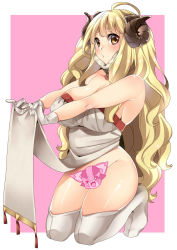 1girl absurdres ahoge anila_(granblue_fantasy) armpits bad_id bad_pixiv_id bare_arms bare_shoulders blonde_hair blush body_blush border breasts censored character_censor cleavage clothes_lift collarbone commentary_request curly_hair eyes_visible_through_hair gloves granblue_fantasy hair_intakes hair_over_shoulder highres horns karasuma_yayoi kneeling large_breasts lifting_own_clothes long_hair looking_at_viewer no_panties novelty_censor outside_border outstretched_arms parted_lips pelvic_curtain pink_background plump raised_eyebrows sheep_horns shiny_skin short_eyebrows sideboob simple_background solo strapless tabi tassel thick_eyebrows thighhighs very_long_hair vyrn_(granblue_fantasy) white_border white_gloves white_thighhighs yellow_eyes rating:Questionable score:11 user:danbooru