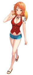  1dot_297 1girl bare_arms bare_legs bare_shoulders blue_shorts blush breasts brown_eyes buttons cleavage cosplay crop_top denim denim_shorts full_body hand_up hat highres large_breasts looking_at_viewer midriff_peek monkey_d._luffy monkey_d._luffy_(cosplay) nami_(one_piece) navel one_piece orange_hair parted_lips red_vest sandals short_hair short_shorts shorts shoulder_tattoo smile solo straw_hat tattoo toeless_footwear toes unworn_hat unworn_headwear vest walking white_background  rating:Sensitive score:6 user:danbooru