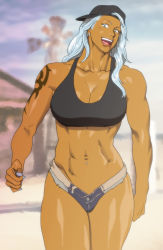 1girl :d arm_tattoo backwards_hat baseball_cap blue_eyes bra breasts cleavage crop_top cutoffs dark-skinned_female dark_skin denim denim_shorts earrings female_focus fingernails hat head_tilt highres hip_focus jewelry karen_adams large_breasts lipstick long_hair looking_at_viewer makeup mosaic_background muscular muscular_female nappii_(nappy_happy) navel navel_piercing open_mouth original piercing shiny_skin shorts silver_hair smile solo sports_bra tattoo thick_thighs thighs toned underwear wavy_hair rating:Questionable score:32 user:LightningCount