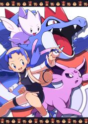  1girl :d absurdres backpack bag bike_shorts black_shirt blue_eyes blue_hair blush clenched_hand commentary_request creatures_(company) espeon eyelashes feraligatr flipped_hair game_freak gen_2_pokemon hat highres holding holding_poke_ball jacket knees kris_(pokemon) lower_teeth_only nintendo open_clothes open_jacket open_mouth outstretched_arm poke_ball pokemon pokemon_(creature) pokemon_gsc pon_yui shirt smile sprite teeth togetic tongue twintails white_jacket yellow_bag yellow_hat 