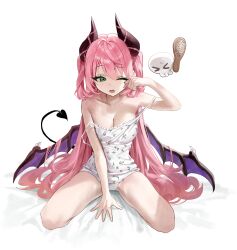  &gt;_&lt; 1girl absurdres bare_shoulders black_horns black_tail blush breasts camisole cleavage collarbone comb commentary_request demon_girl demon_horns demon_tail demon_wings double_strap_slip floral_print green_eyes hair_between_eyes hair_over_wings highres holding holding_comb horns indie_virtual_youtuber large_breasts legs long_hair looking_to_the_side mashiro_hinano one_eye_closed open_mouth panties pantyshot pink_hair print_camisole purple_wings rubbing_eyes simple_background sitting sleepy tachibana_wataru_(123tsuki) tail thighs underwear very_long_hair virtual_youtuber wariza white_background white_camisole white_panties wings 