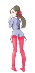  1girl absurdres brown_hair creatures_(company) feet from_behind game_freak hair_pulled_back highres legs looking_at_viewer looking_back nintendo pantyhose pink_eyes pink_pantyhose pokemon pokemon_rse roxanne_(pokemon) simple_background solo twintails u4_99384295 