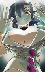  1girl blue_hair breasts choker cleavage eyepatch from_below gloves hat highres large_breasts latex latex_gloves looking_at_viewer looking_down mask mouth_mask nurse nurse_cap open_mouth ponytail red_eyes sennmannkai2929 skullgirls solo surgical_mask valentine_(skullgirls)  rating:Sensitive score:15 user:HomeStruck