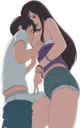 1boy 1girl age_difference assertive_female bare_shoulders black_hair bracelet breast_sucking bulge camisole camisole_pull clothes_pull erection erection_under_clothes fingernails from_below hand_on_another&#039;s_head height_difference highres jewelry long_hair midriff_peek mizuno_(pixiv31352320) morishima_hodaka_(tenki_no_ko) nail_polish navel onee-shota open_mouth penis_grab purple_camisole shirt short_hair short_shorts short_sleeves shorts shorts_pull shota simple_background size_difference suga_natsumi tenki_no_ko underwear white_background white_shirt rating:Questionable score:903 user:danbooru
