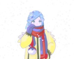  1boy blue_eyes blue_hair blue_mittens commentary creatures_(company) eyelashes game_freak grusha_(pokemon) hand_up jacket long_sleeves looking_up majyo_(witch_poke) male_focus mittens nintendo poke_ball_print pokemon pokemon_sv red_scarf scarf scarf_over_mouth solo striped_clothes striped_scarf symbol-only_commentary upper_body white_background yellow_jacket 