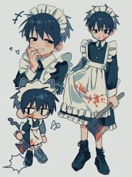  1boy apron axe black_dress black_hair blood blood_on_clothes blood_on_face chibi crossdressing dress hatchet_(axe) highres looking_at_viewer maid maid_apron maid_headdress multiple_views original short_hair smile trap umipi white_apron white_background 