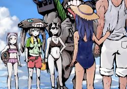  1boy 4girls :&lt; abyssal_ship admiral_(kancolle) airfield_princess alternate_costume battleship_princess bikini black_bikini black_hair blue_eyes blue_hair blue_one-piece_swimsuit breasts bucket clam_digging closed_mouth clothes_writing cloud day grey_hair ha-class_destroyer hand_on_own_hip hat holding horns kantai_collection long_hair multiple_girls one-piece_swimsuit open_mouth outdoors pale_skin pink_bikini red_eyes shirt shorts sky sowamame straw_hat sunglasses sweat swimsuit tank_top teeth ushio_(kancolle) wo-class_aircraft_carrier 