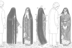  drawing_on_another&#039;s_face japanese_clothes kimono long_hair monochrome tagme very_long_hair  rating:Questionable score:0 user:theredzone2010