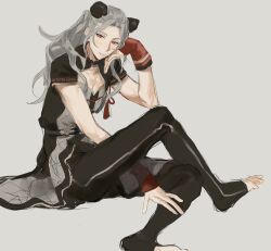  1boy absurdres animal_ears between_legs bishounen center_opening chinese_clothes closed_mouth commentary_request crossed_legs elbow_rest ensemble_stars! foot_out_of_frame grey_background grey_hair hand_between_legs hand_on_own_cheek hand_on_own_face head_rest highres invisible_chair jiz_(pffbq) kemonomimi_mode light_smile looking_at_viewer male_focus orange_eyes panda_boy panda_ears pectoral_cleavage pectorals ponytail ran_nagisa short_sleeves simple_background sitting solo sweet_sweet_hunger_(ensemble_stars!) toeless_legwear 